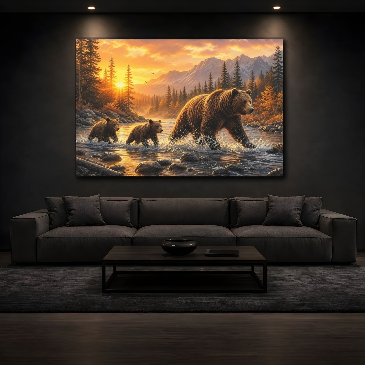 Mockup 3. Nature Bear Family Wildlife Sunset shown as stretched canvas wall art