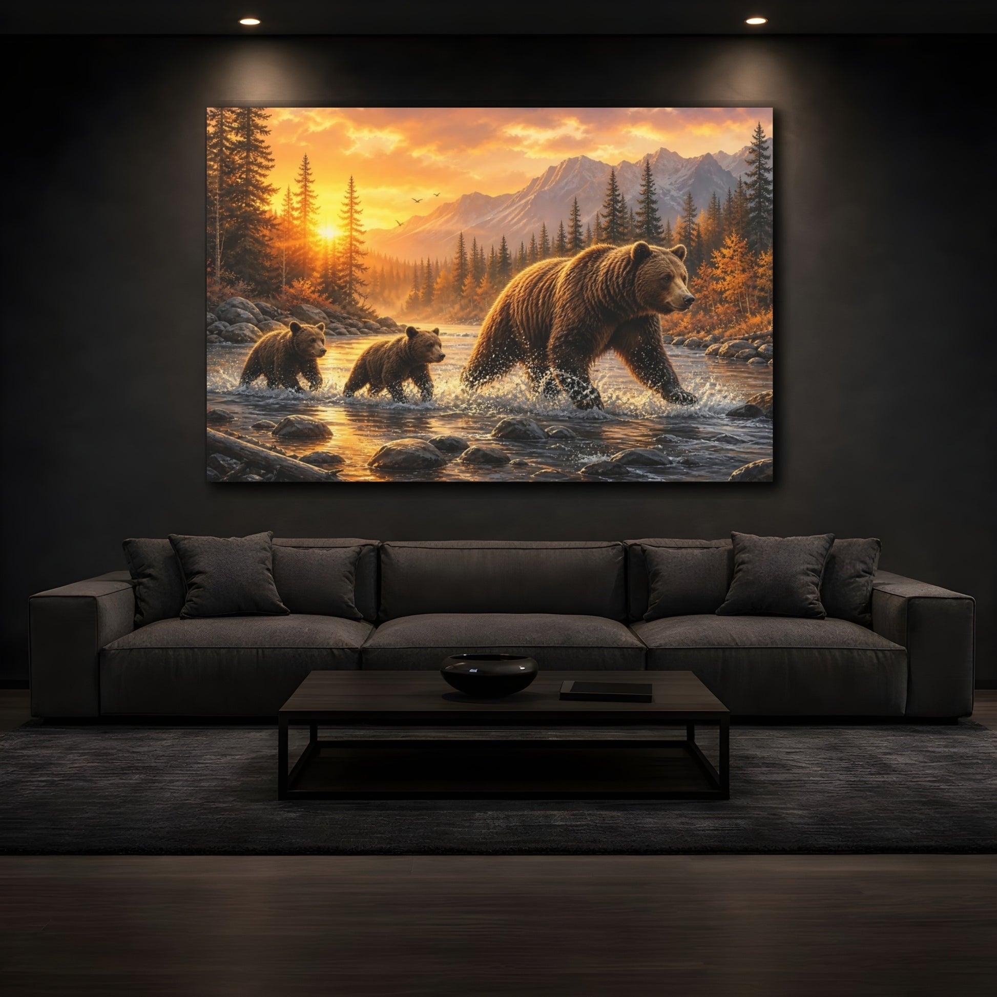 Mockup 3. Nature Bear Family Wildlife Sunset shown as stretched canvas wall art