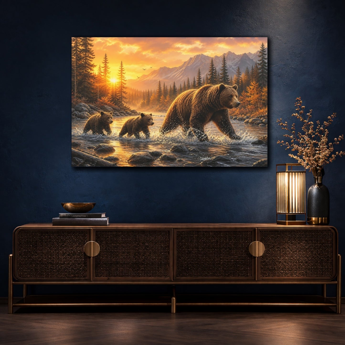 Mockup 4. Nature Bear Family Wildlife Sunset shown as stretched canvas wall art