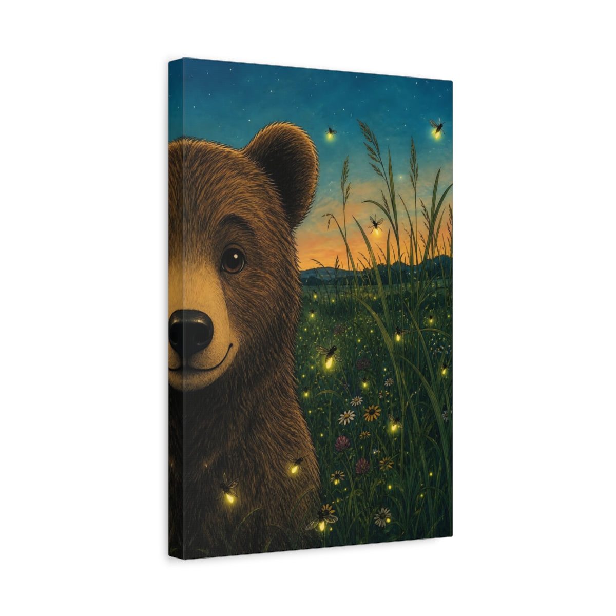Side Mockup 4. Nature Bear Bear Fireflies shown as stretched canvas wall art