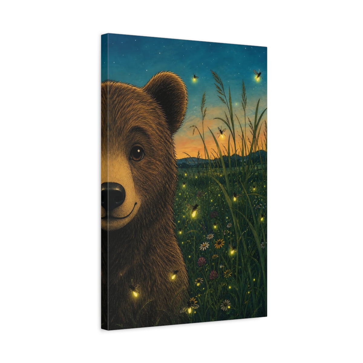 Side Mockup 3. Nature Bear Bear Fireflies shown as stretched canvas wall art