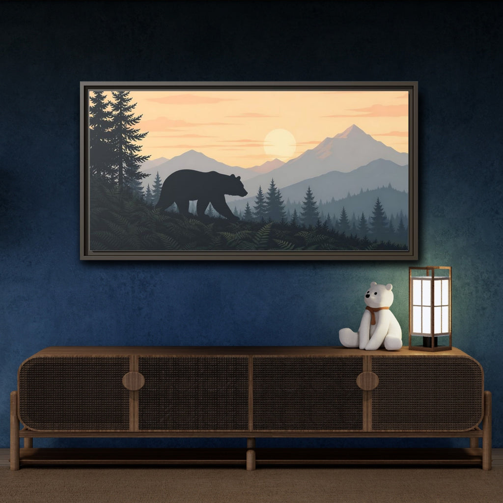 Mockup 4. Nature Bear Orange Blue Bear shown as stretched canvas wall art