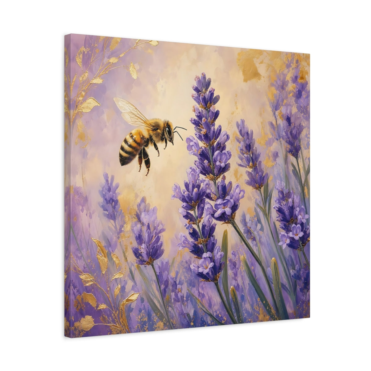 Side Mockup 4. Nature Bee, Lavender Purple Gold Lavender Bee shown as stretched canvas wall art