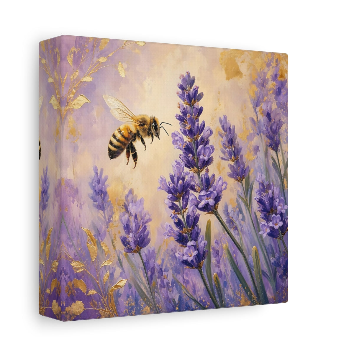 Side Mockup 2. Nature Bee, Lavender Purple Gold Lavender Bee shown as stretched canvas wall art