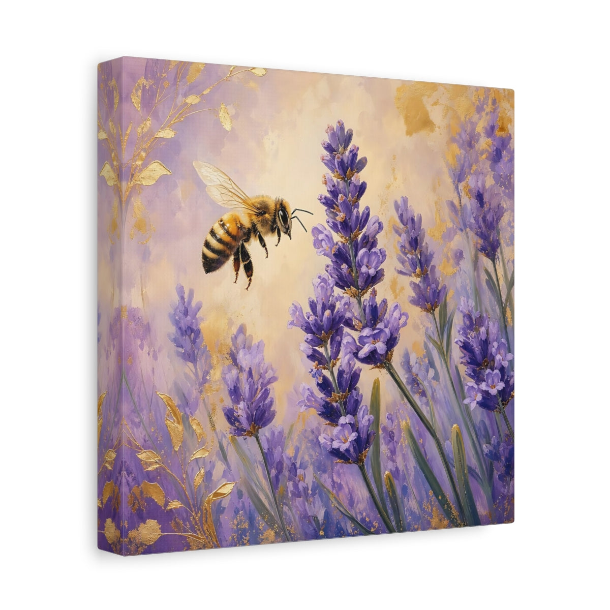 Side Mockup 9. Nature Bee, Lavender Purple Gold Lavender Bee shown as stretched canvas wall art