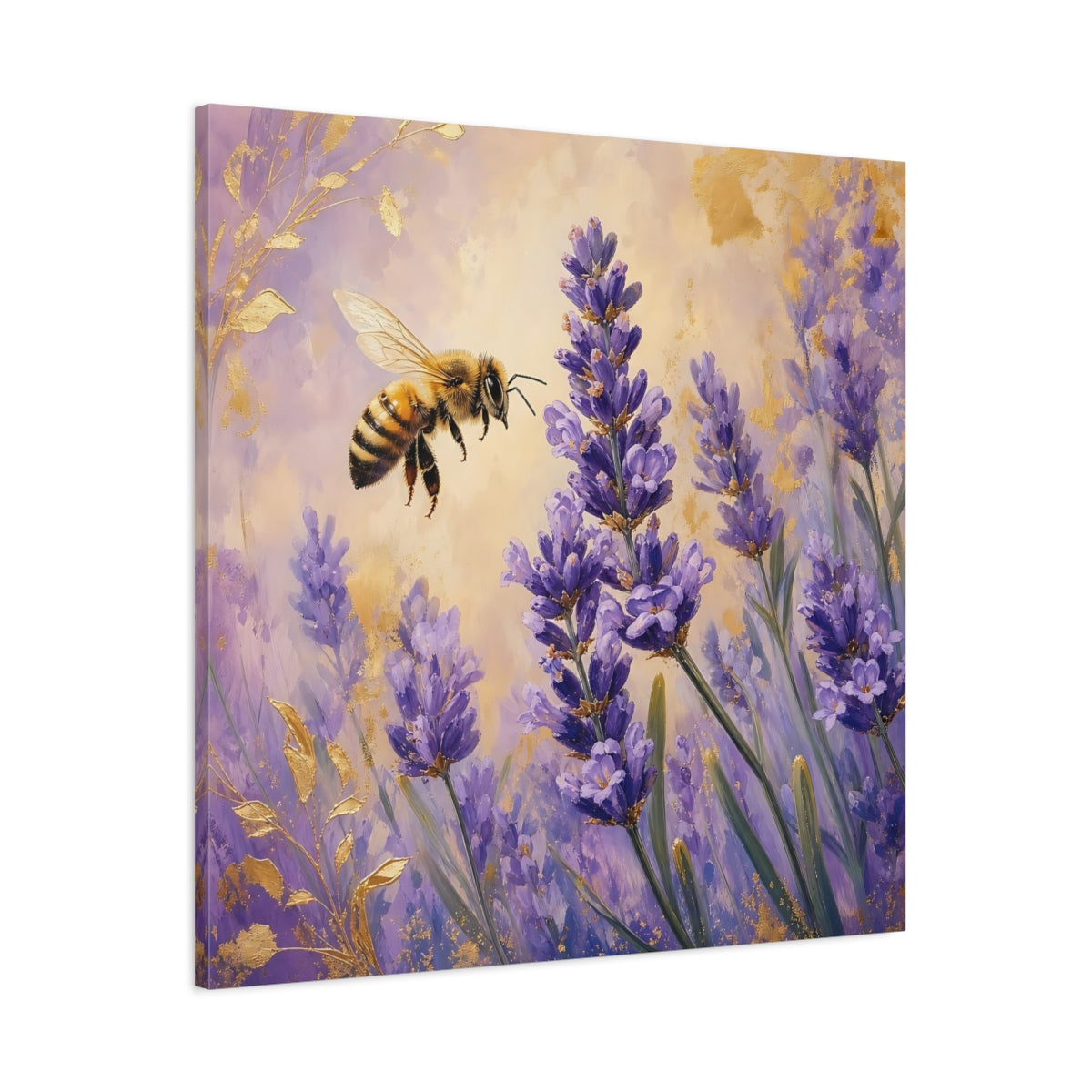 Main Mockup. Nature Bee, Lavender Purple Gold Lavender Bee shown as stretched canvas wall art