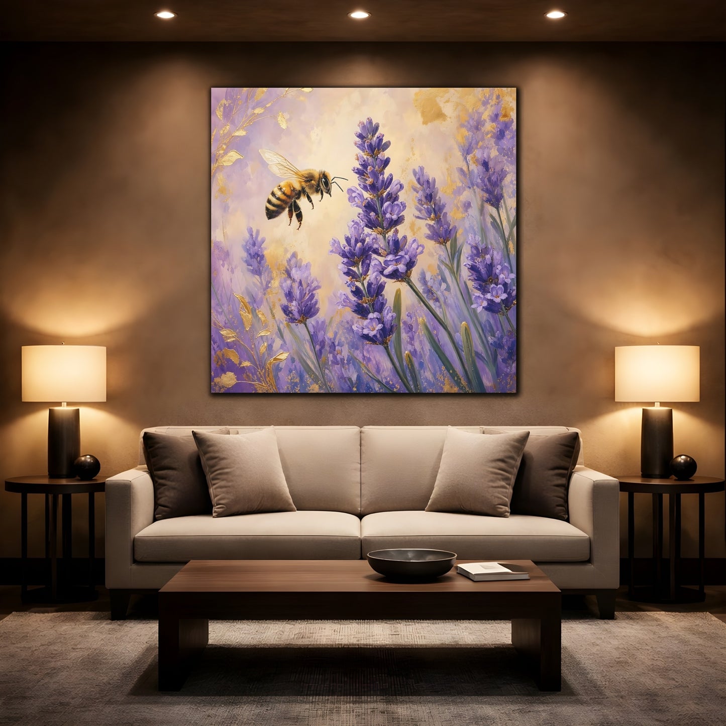 Mockup 2. Nature Bee, Lavender Purple Gold Lavender Bee shown as stretched canvas wall art