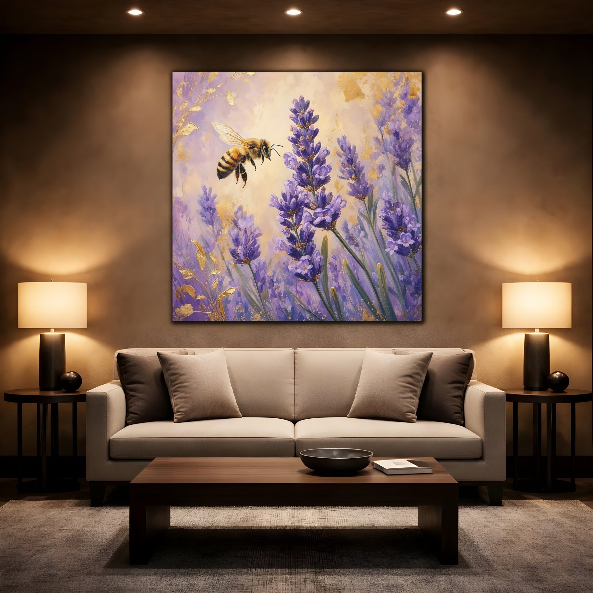 Mockup 2. Nature Bee, Lavender Purple Gold Lavender Bee shown as stretched canvas wall art
