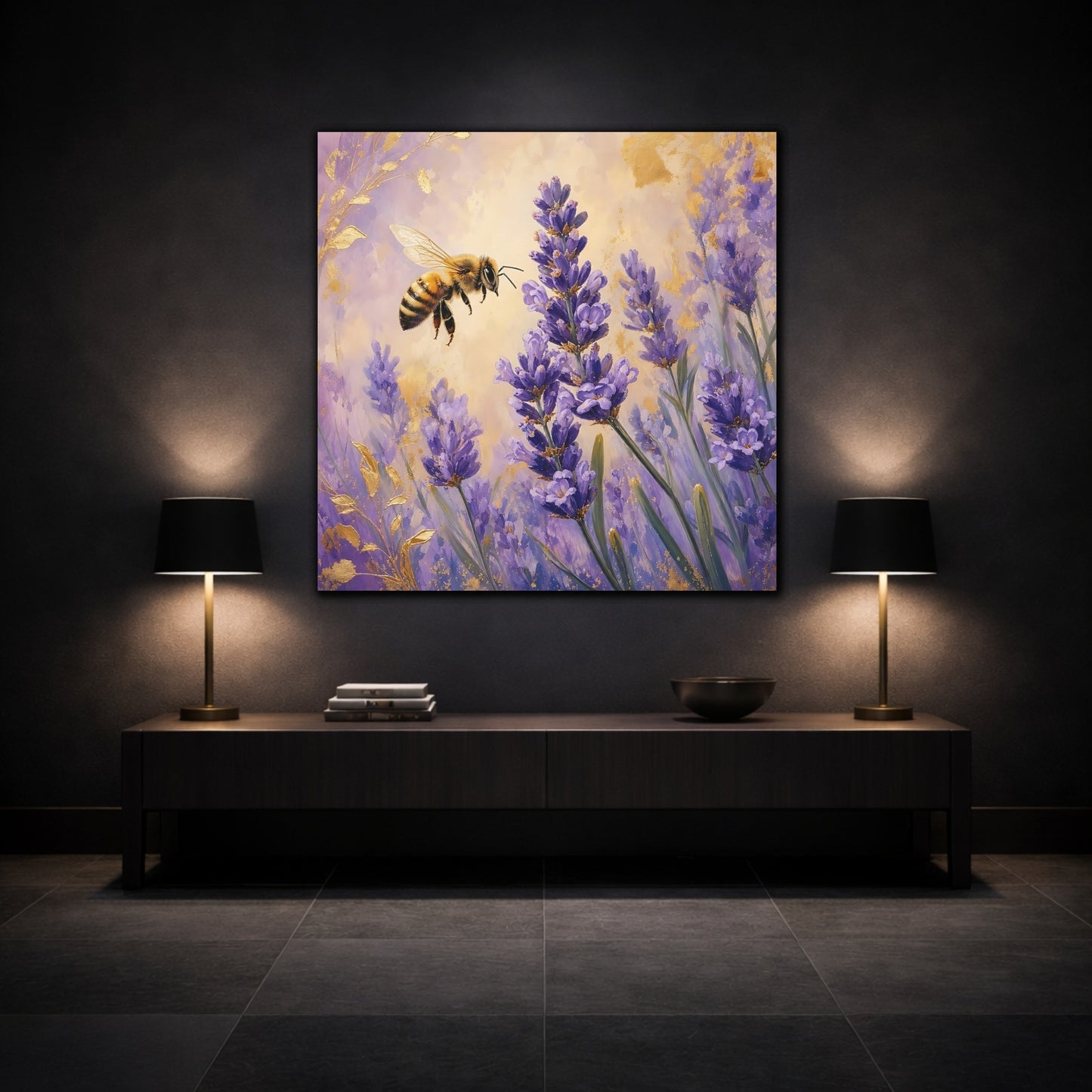 Mockup 3. Nature Bee, Lavender Purple Gold Lavender Bee shown as stretched canvas wall art