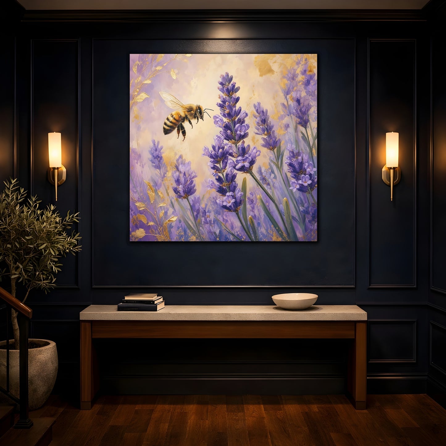 Mockup 4. Nature Bee, Lavender Purple Gold Lavender Bee shown as stretched canvas wall art