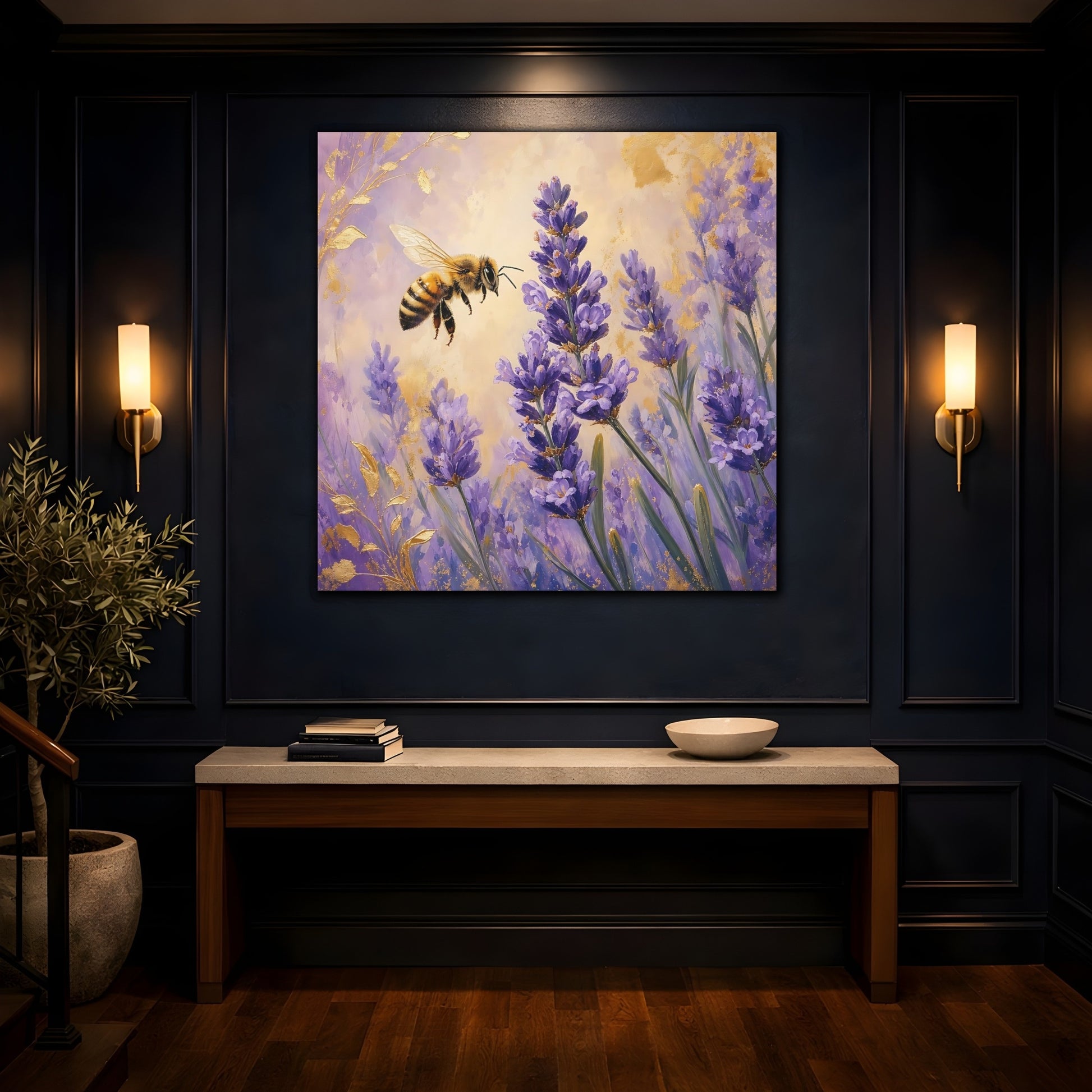 Mockup 4. Nature Bee, Lavender Purple Gold Lavender Bee shown as stretched canvas wall art