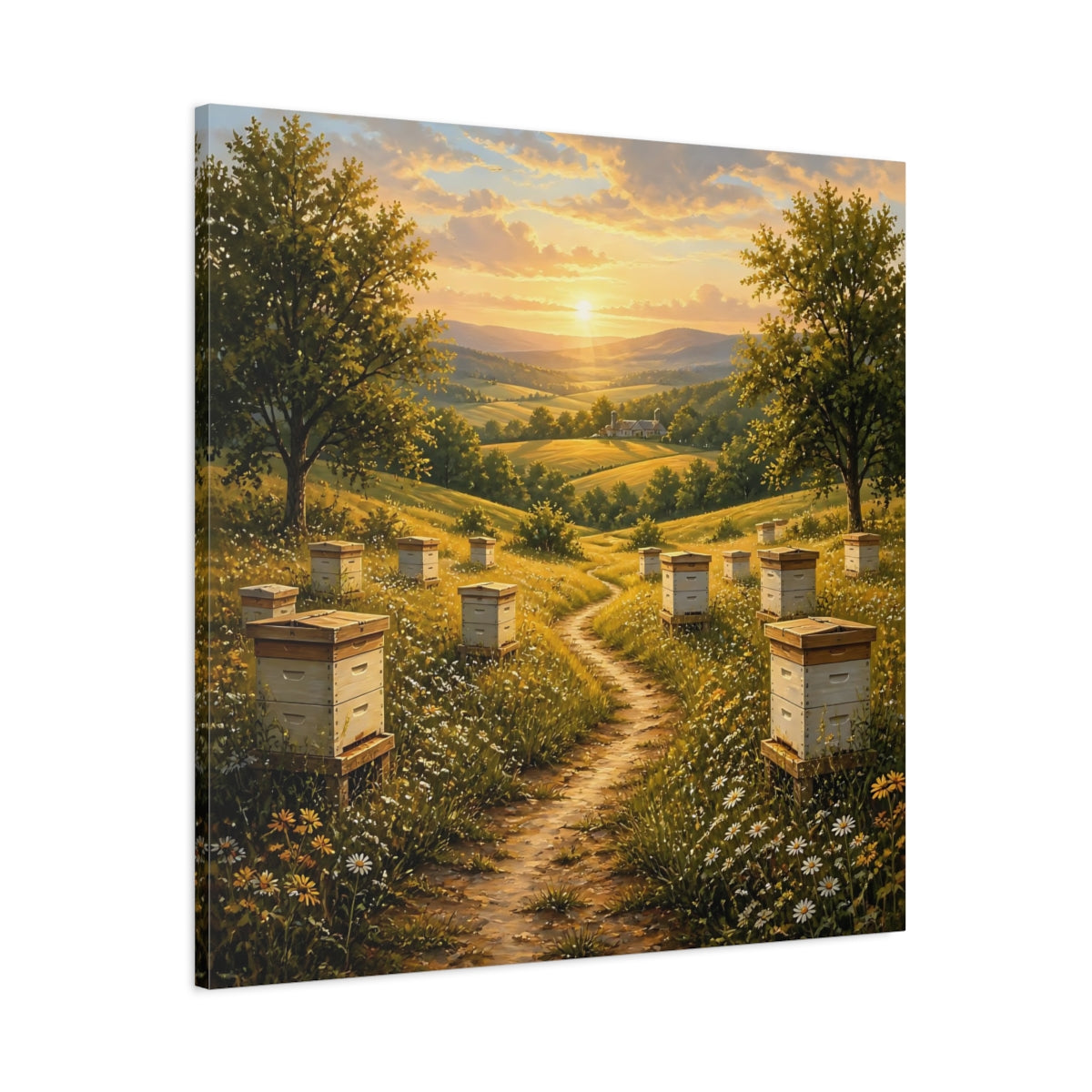 Main Mockup. Nature Beehives Golden Sunset Beehives shown as stretched canvas wall art