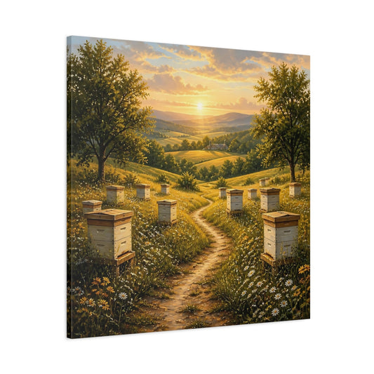 Main Mockup. Nature Beehives Golden Sunset Beehives shown as stretched canvas wall art
