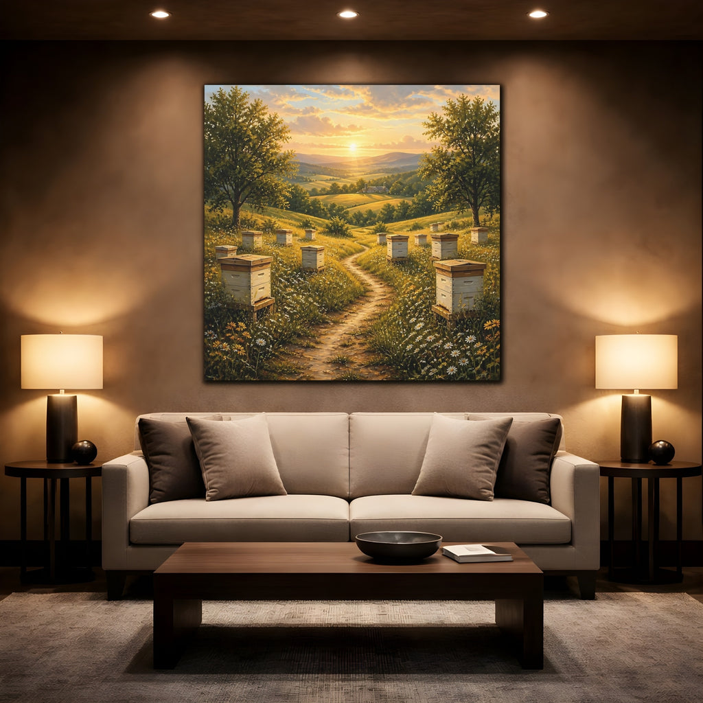 Mockup 2. Nature Beehives Golden Sunset Beehives shown as stretched canvas wall art