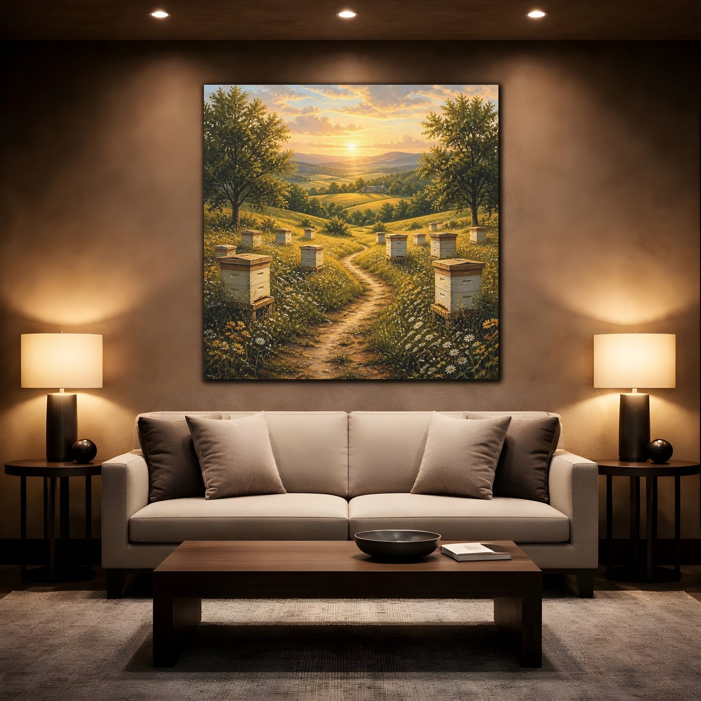 Mockup 2. Nature Beehives Golden Sunset Beehives shown as stretched canvas wall art