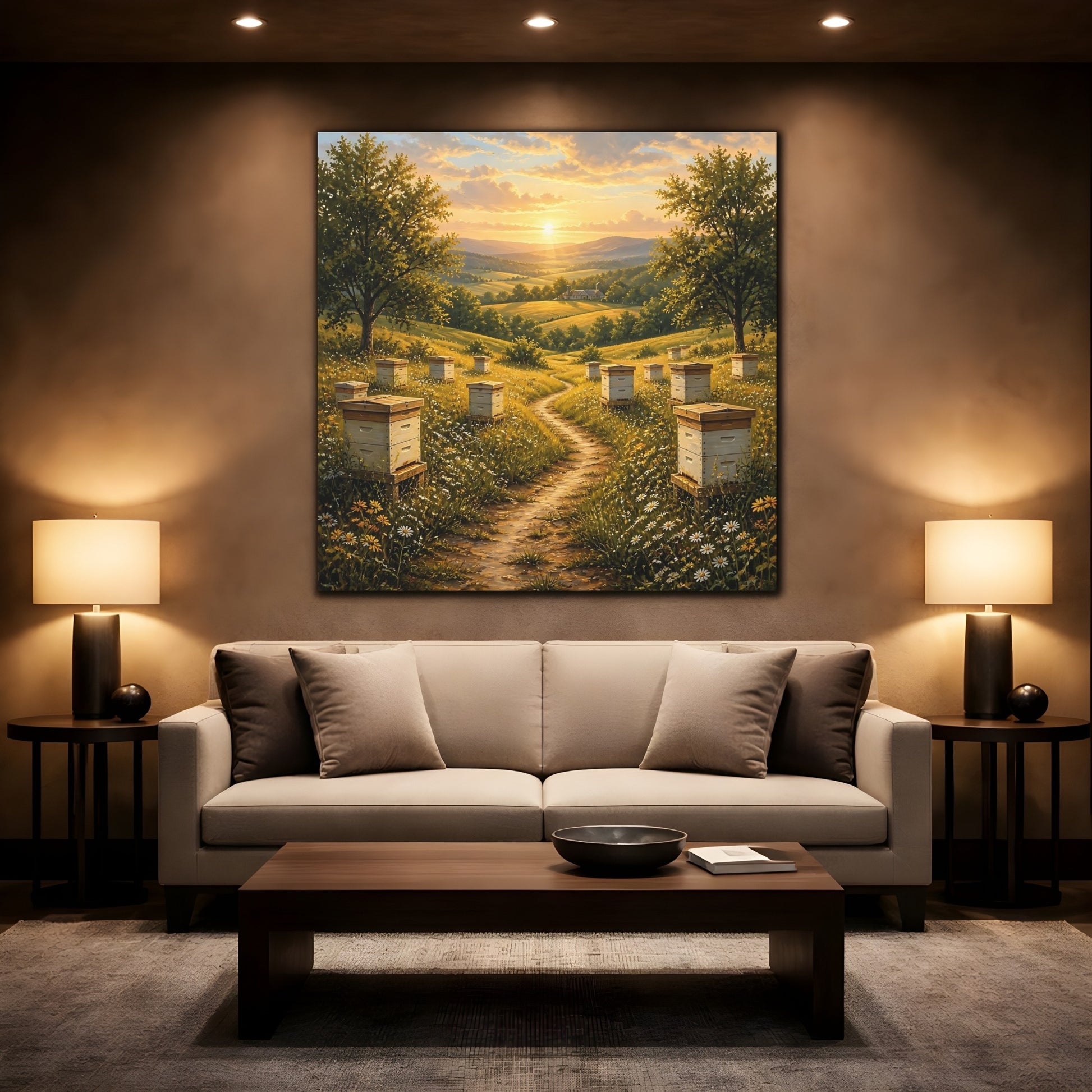 Mockup 2. Nature Beehives Golden Sunset Beehives shown as stretched canvas wall art