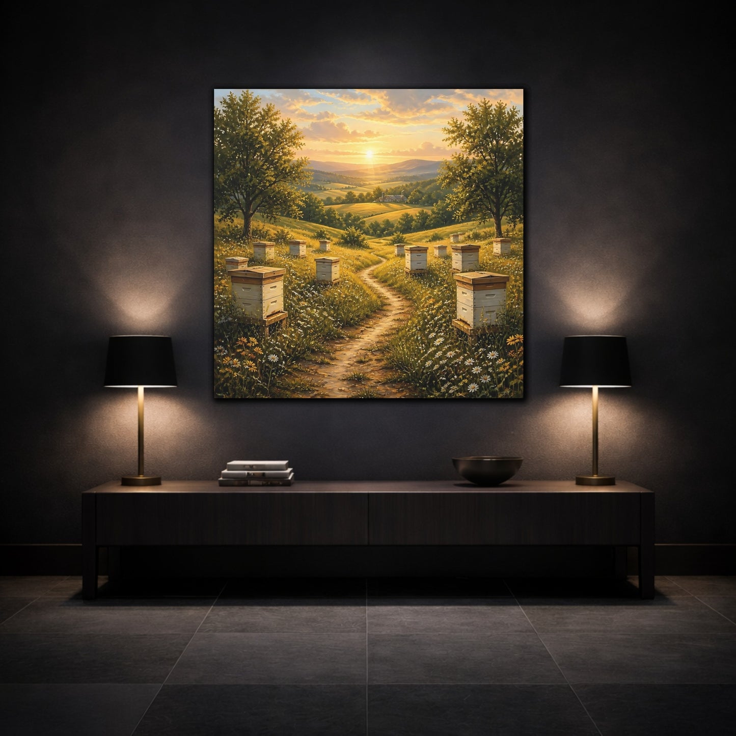 Mockup 3. Nature Beehives Golden Sunset Beehives shown as stretched canvas wall art