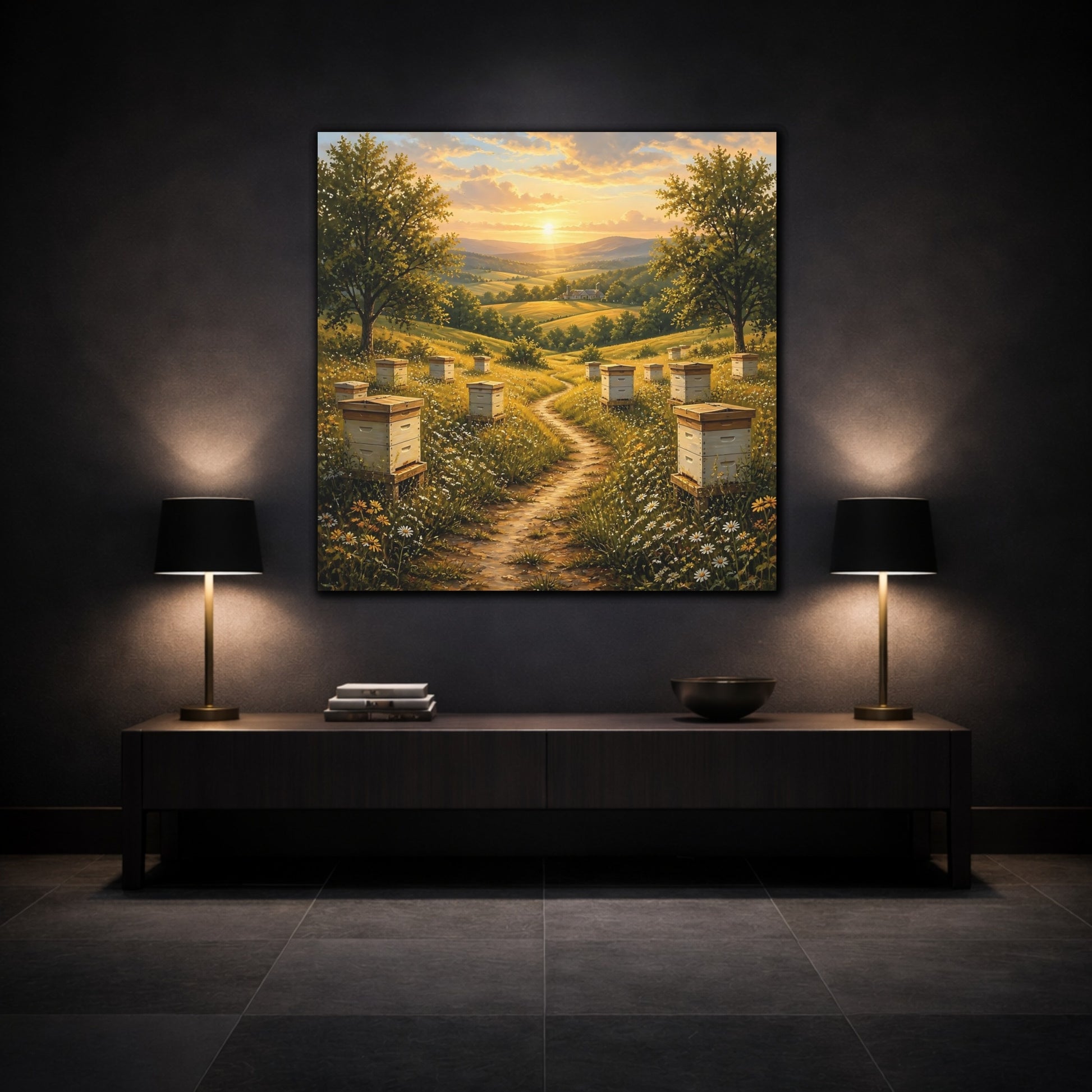 Mockup 3. Nature Beehives Golden Sunset Beehives shown as stretched canvas wall art
