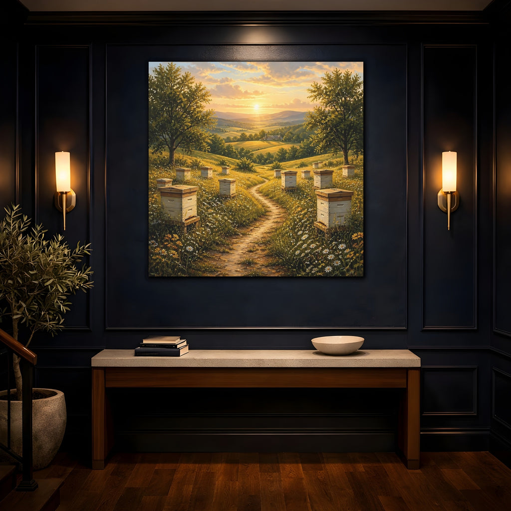 Mockup 4. Nature Beehives Golden Sunset Beehives shown as stretched canvas wall art