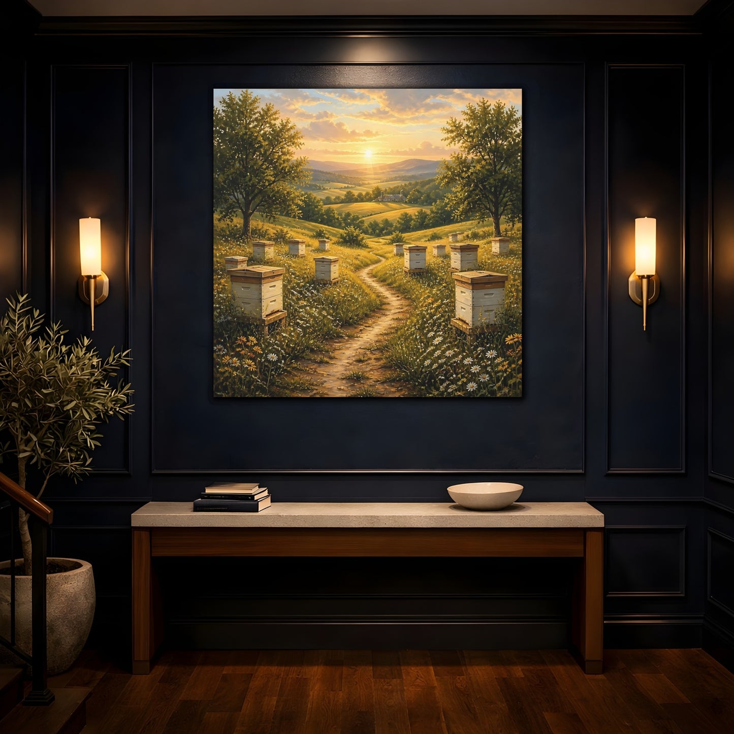 Mockup 4. Nature Beehives Golden Sunset Beehives shown as stretched canvas wall art