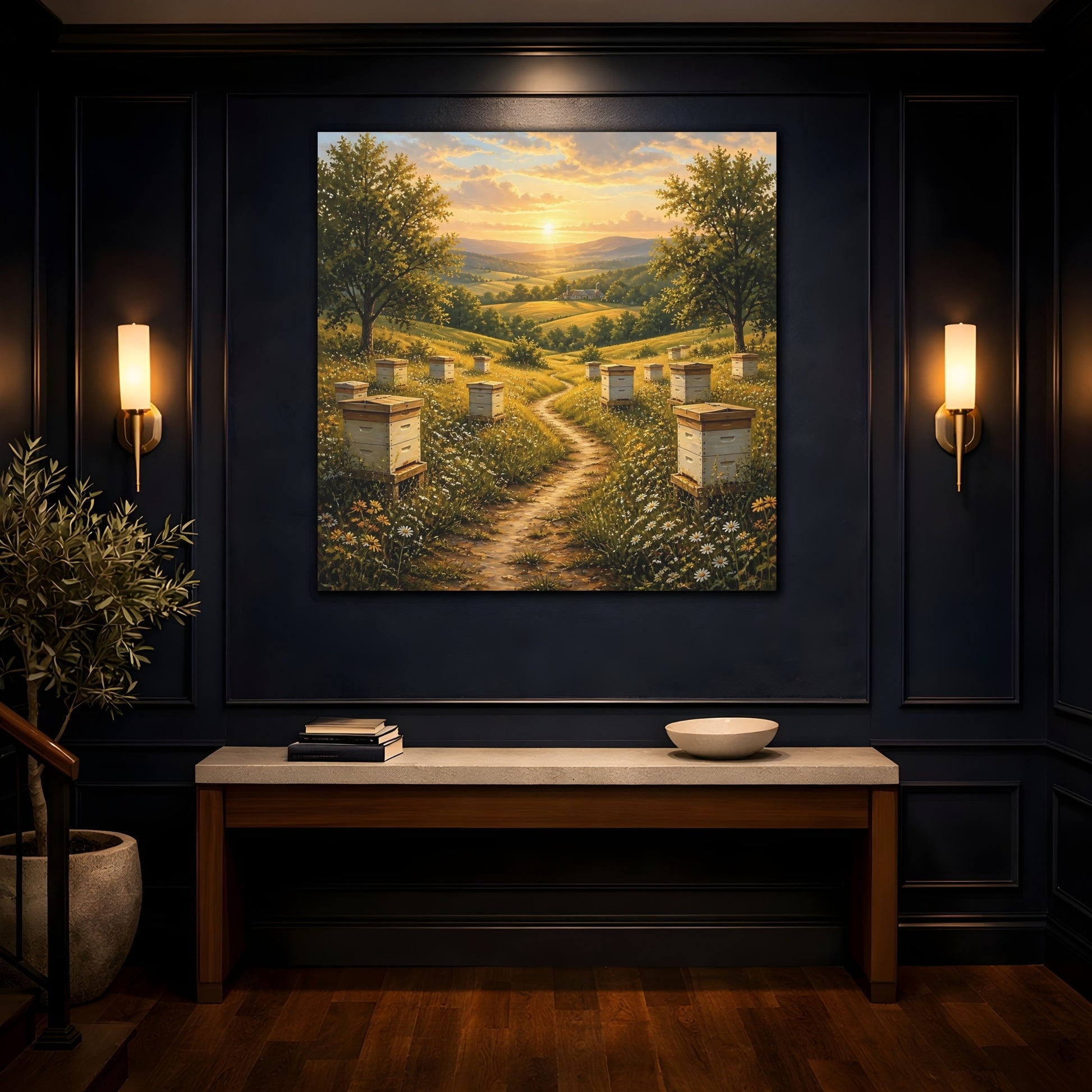 Mockup 4. Nature Beehives Golden Sunset Beehives shown as stretched canvas wall art