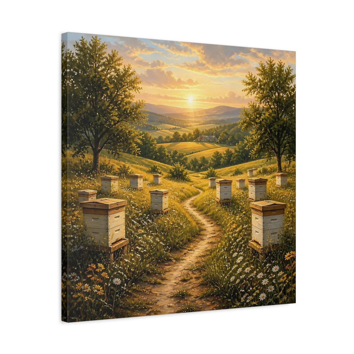 Side Mockup 4. Nature Beehives Golden Sunset Beehives shown as stretched canvas wall art
