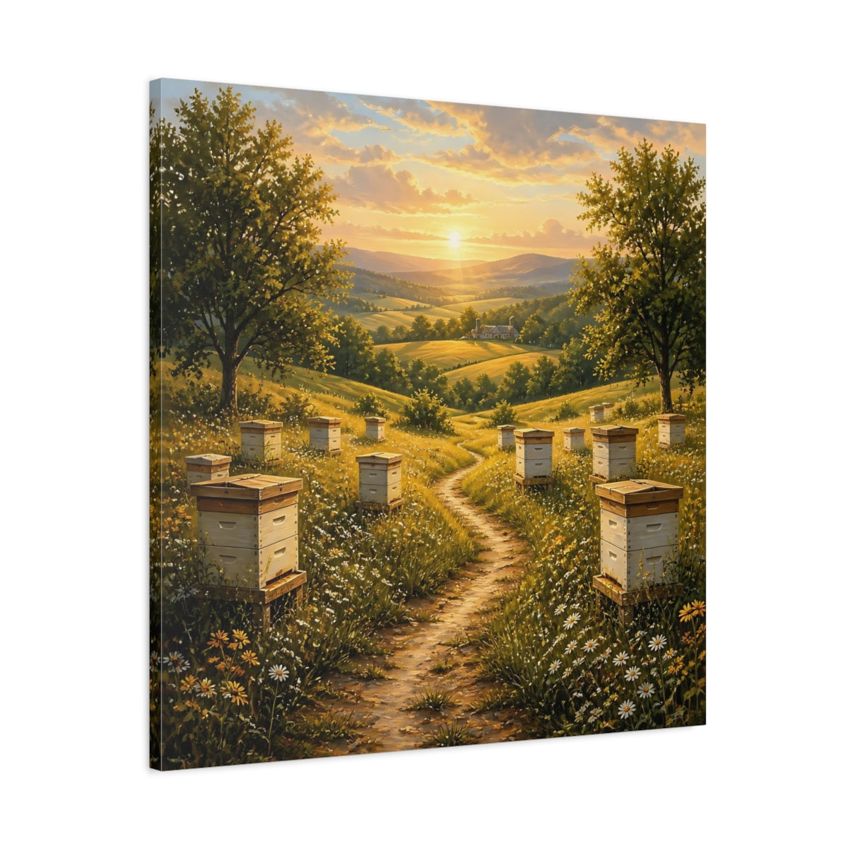 Side Mockup 3. Nature Beehives Golden Sunset Beehives shown as stretched canvas wall art