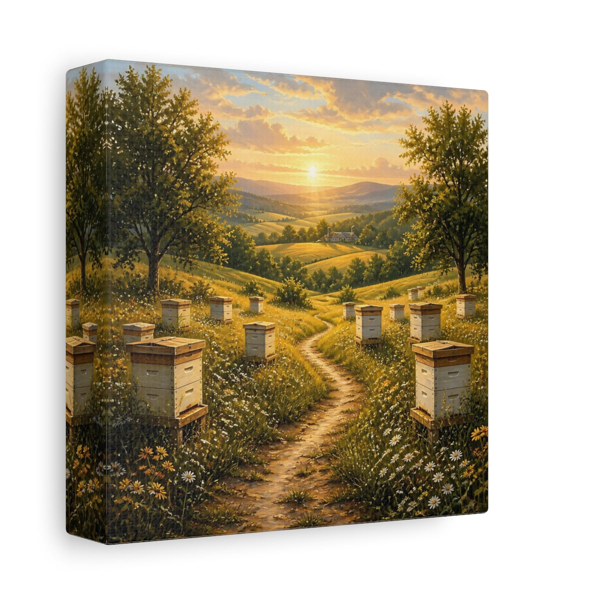 Side Mockup 2. Nature Beehives Golden Sunset Beehives shown as stretched canvas wall art