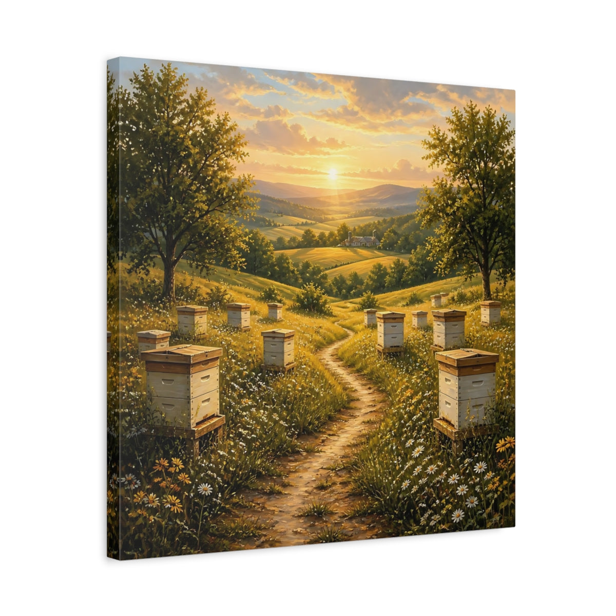 Side Mockup 5. Nature Beehives Golden Sunset Beehives shown as stretched canvas wall art