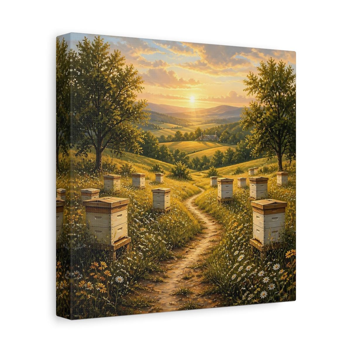 Side Mockup 9. Nature Beehives Golden Sunset Beehives shown as stretched canvas wall art