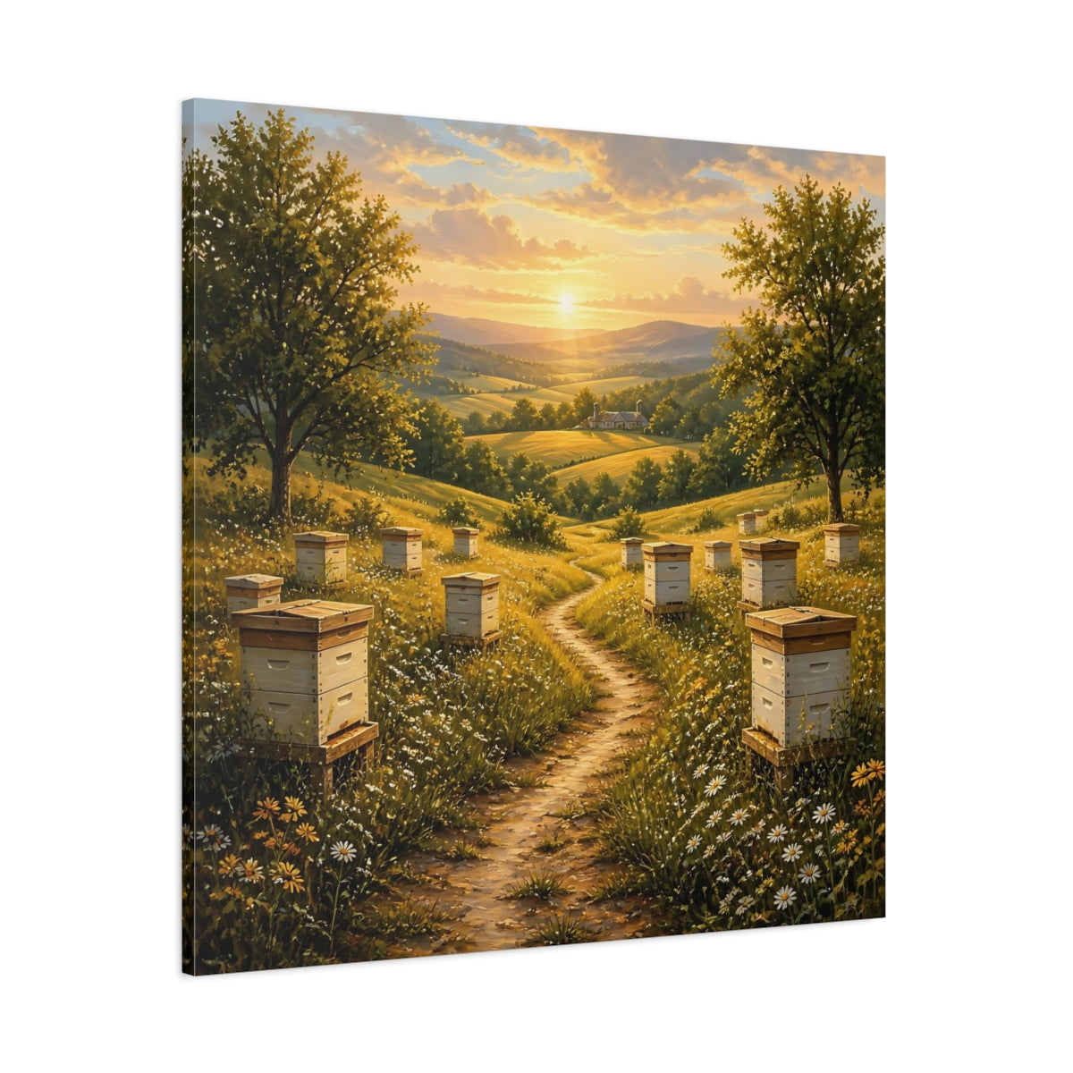 Side Mockup 1. Nature Beehives Golden Sunset Beehives shown as stretched canvas wall art