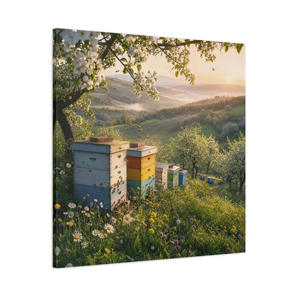 Main Mockup. Nature Beehives Spring Landscape shown as stretched canvas wall art