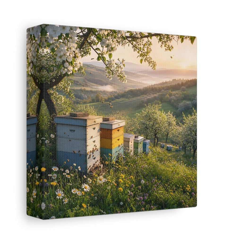 Side Mockup 2. Nature Beehives Spring Landscape shown as stretched canvas wall art