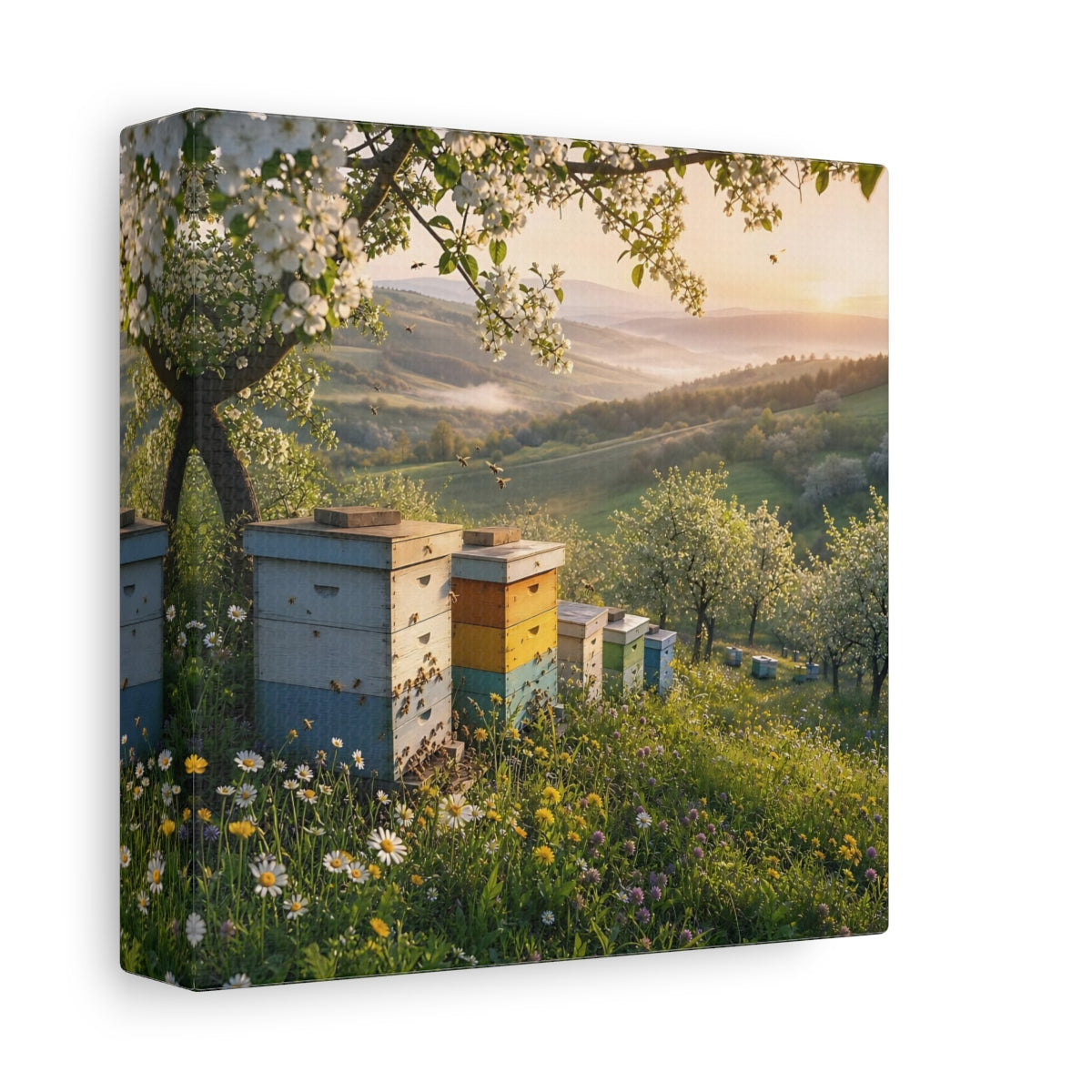 Side Mockup 2. Nature Beehives Spring Landscape shown as stretched canvas wall art