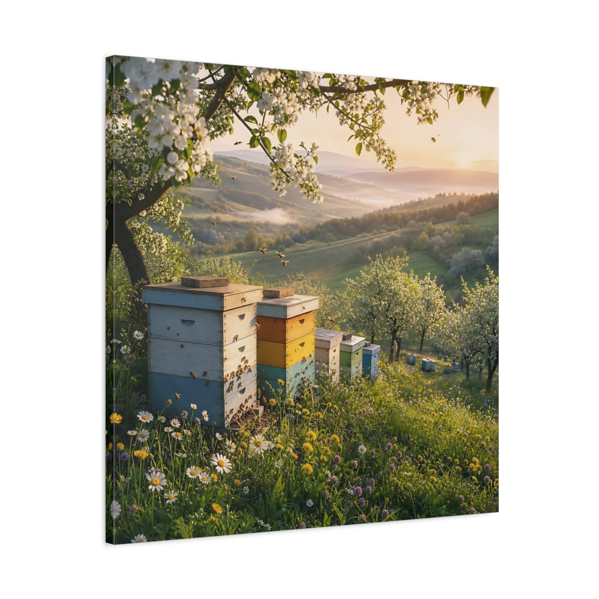 Side Mockup 3. Nature Beehives Spring Landscape shown as stretched canvas wall art