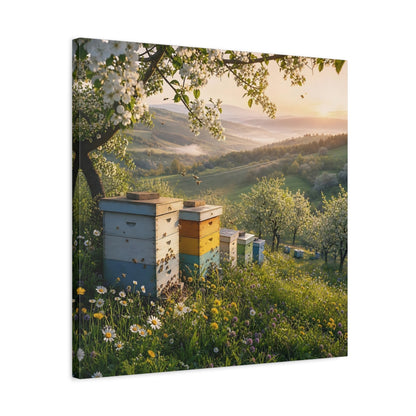Side Mockup 4. Nature Beehives Spring Landscape shown as stretched canvas wall art