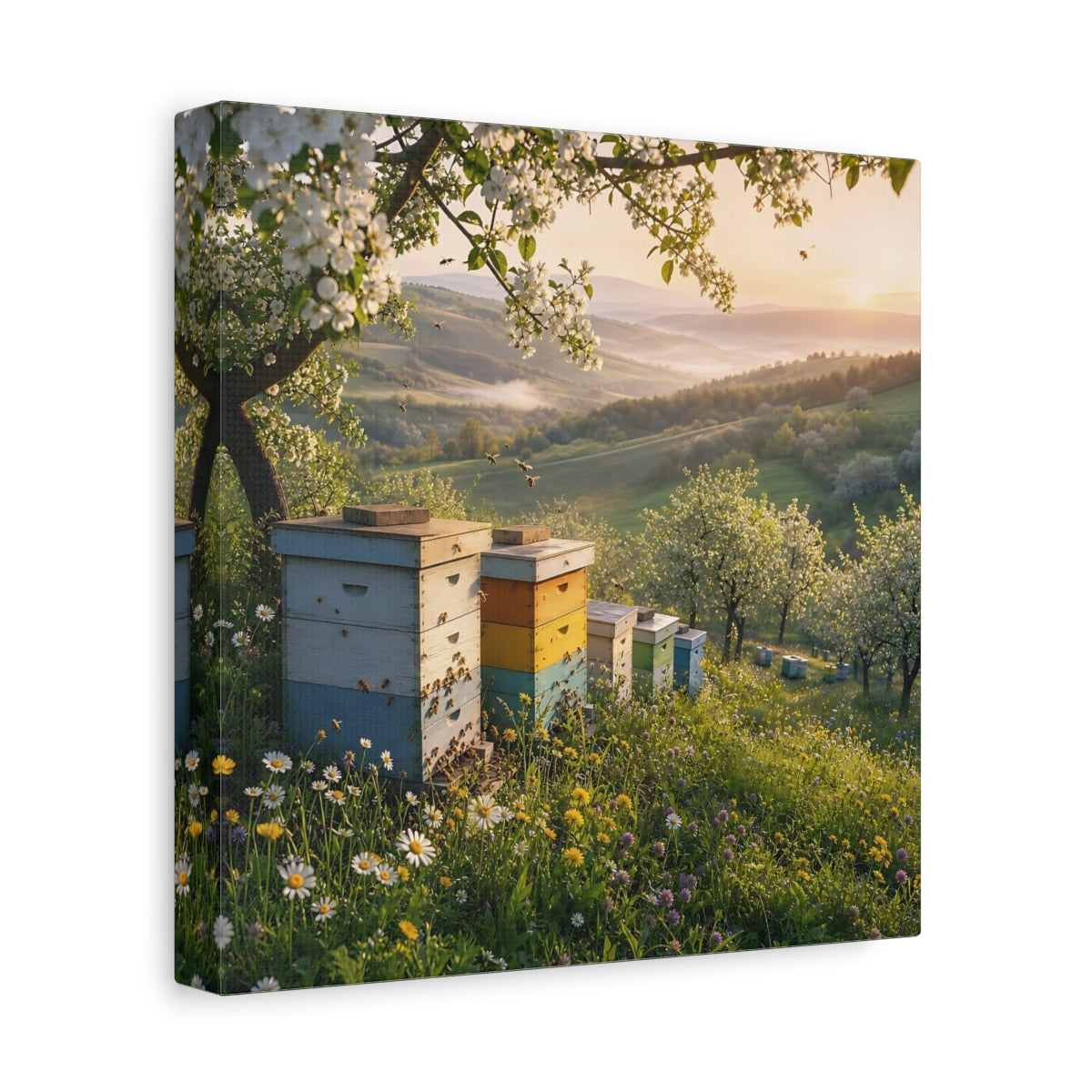 Side Mockup 9. Nature Beehives Spring Landscape shown as stretched canvas wall art