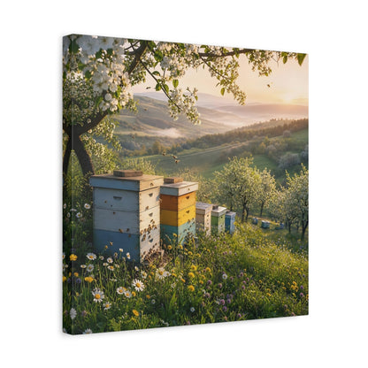 Side Mockup 6. Nature Beehives Spring Landscape shown as stretched canvas wall art