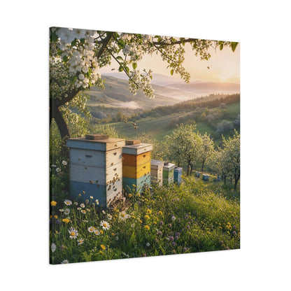 Side Mockup 1. Nature Beehives Spring Landscape shown as stretched canvas wall art