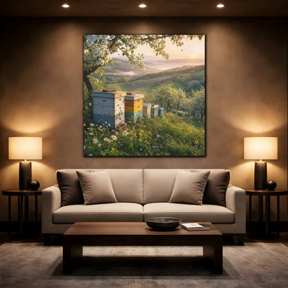 Mockup 2. Nature Beehives Spring Landscape shown as stretched canvas wall art