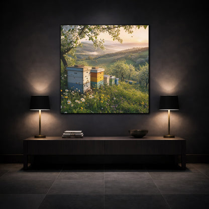 Mockup 3. Nature Beehives Spring Landscape shown as stretched canvas wall art