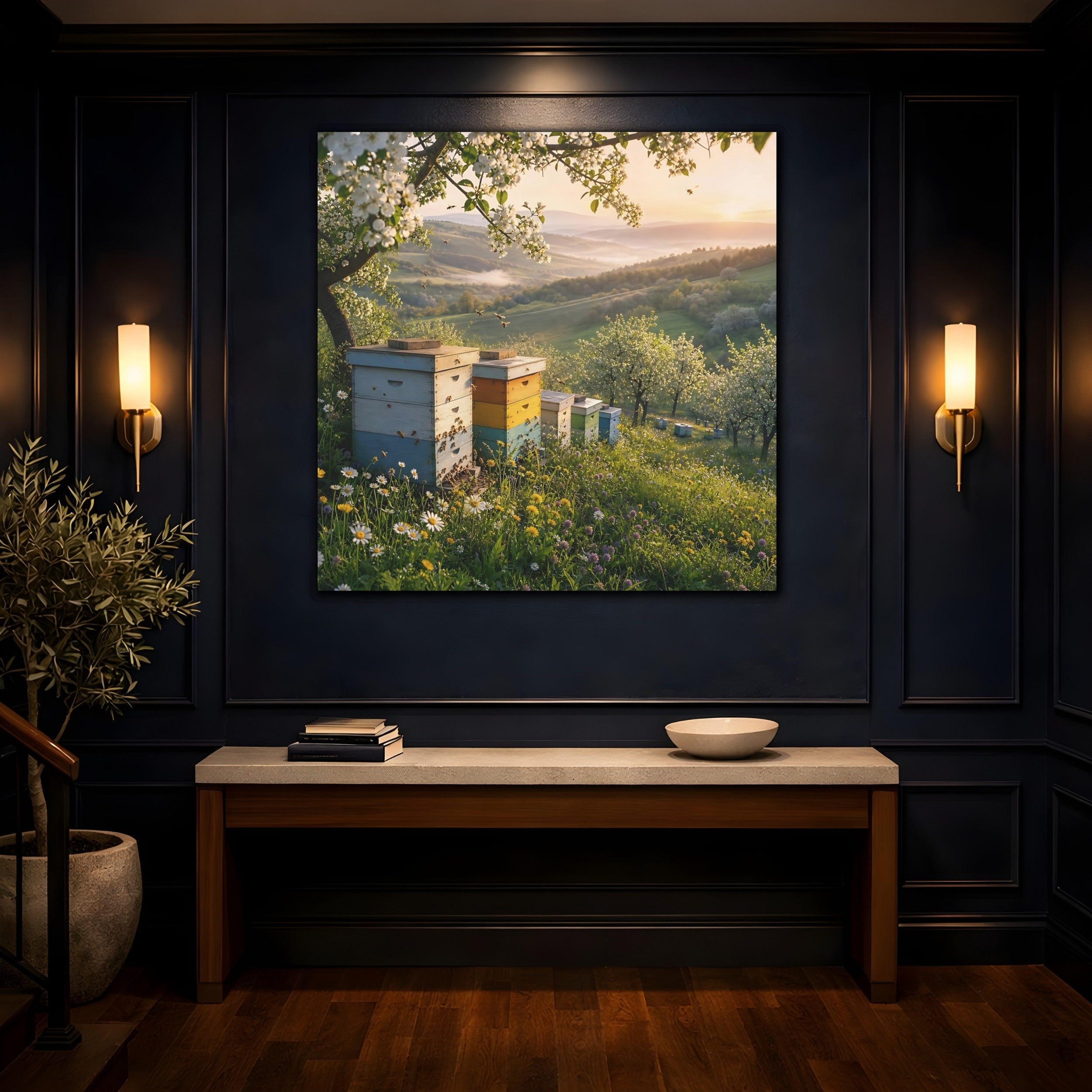 Mockup 4. Nature Beehives Spring Landscape shown as stretched canvas wall art