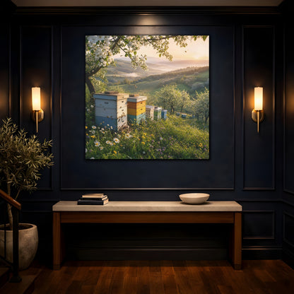 Mockup 4. Nature Beehives Spring Landscape shown as stretched canvas wall art