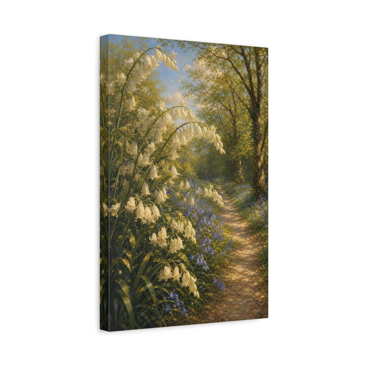 Side Mockup 4. Nature Bellflowers Green And White Nature shown as stretched canvas wall art