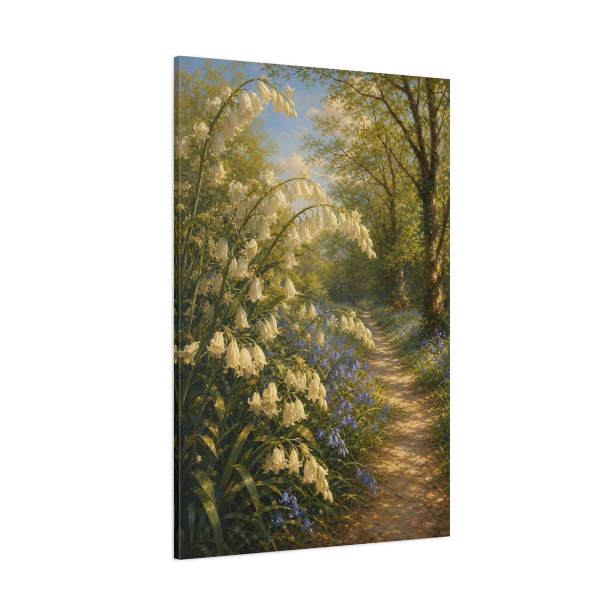 Side Mockup 1. Nature Bellflowers Green And White Nature shown as stretched canvas wall art