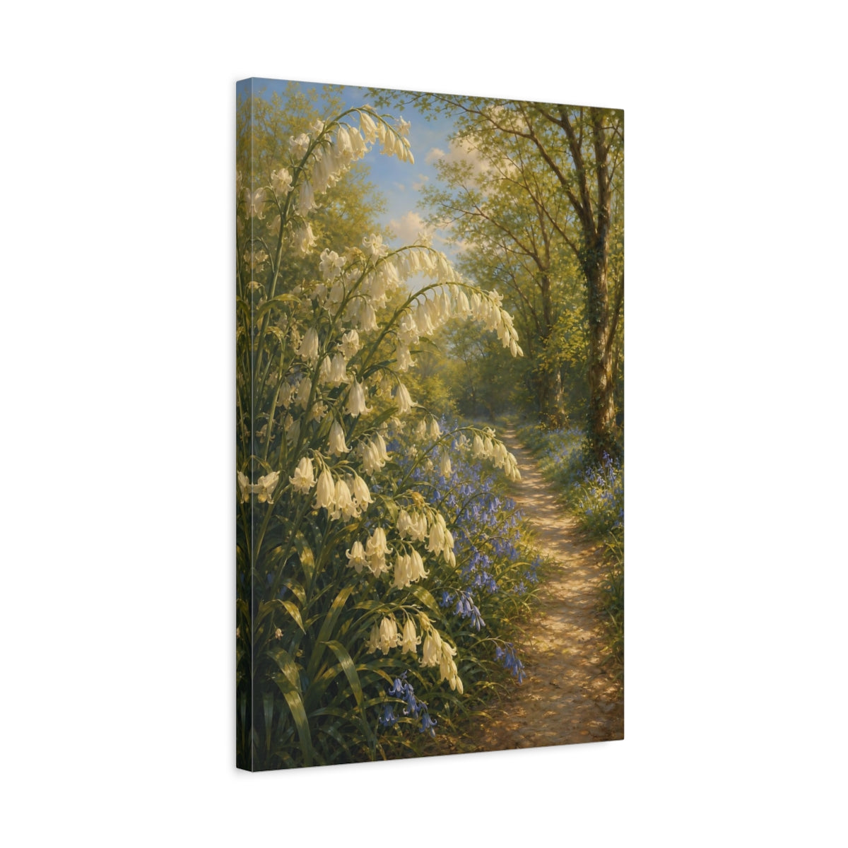 Side Mockup 3. Nature Bellflowers Green And White Nature shown as stretched canvas wall art