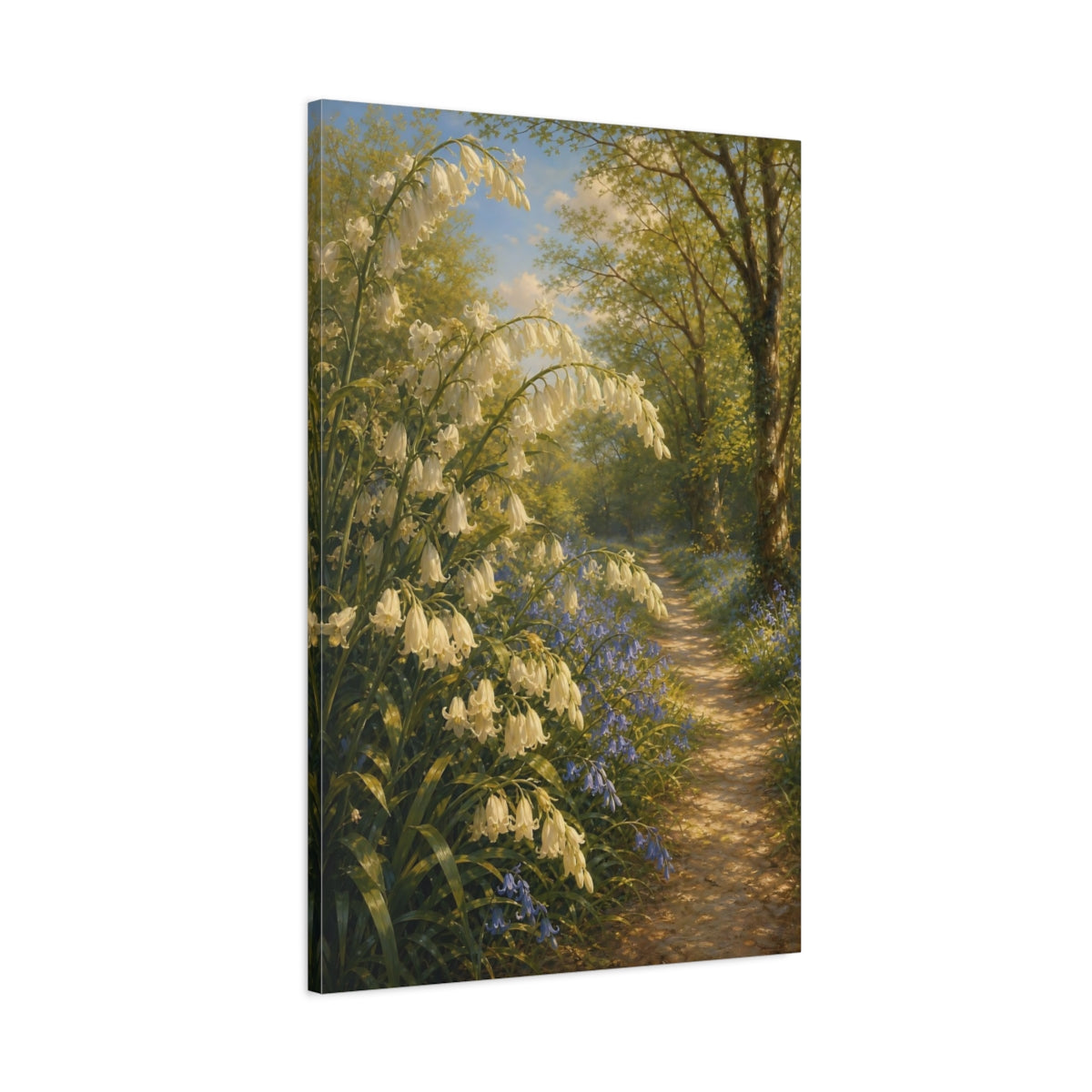Main Mockup. Nature Bellflowers Green And White Nature shown as stretched canvas wall art