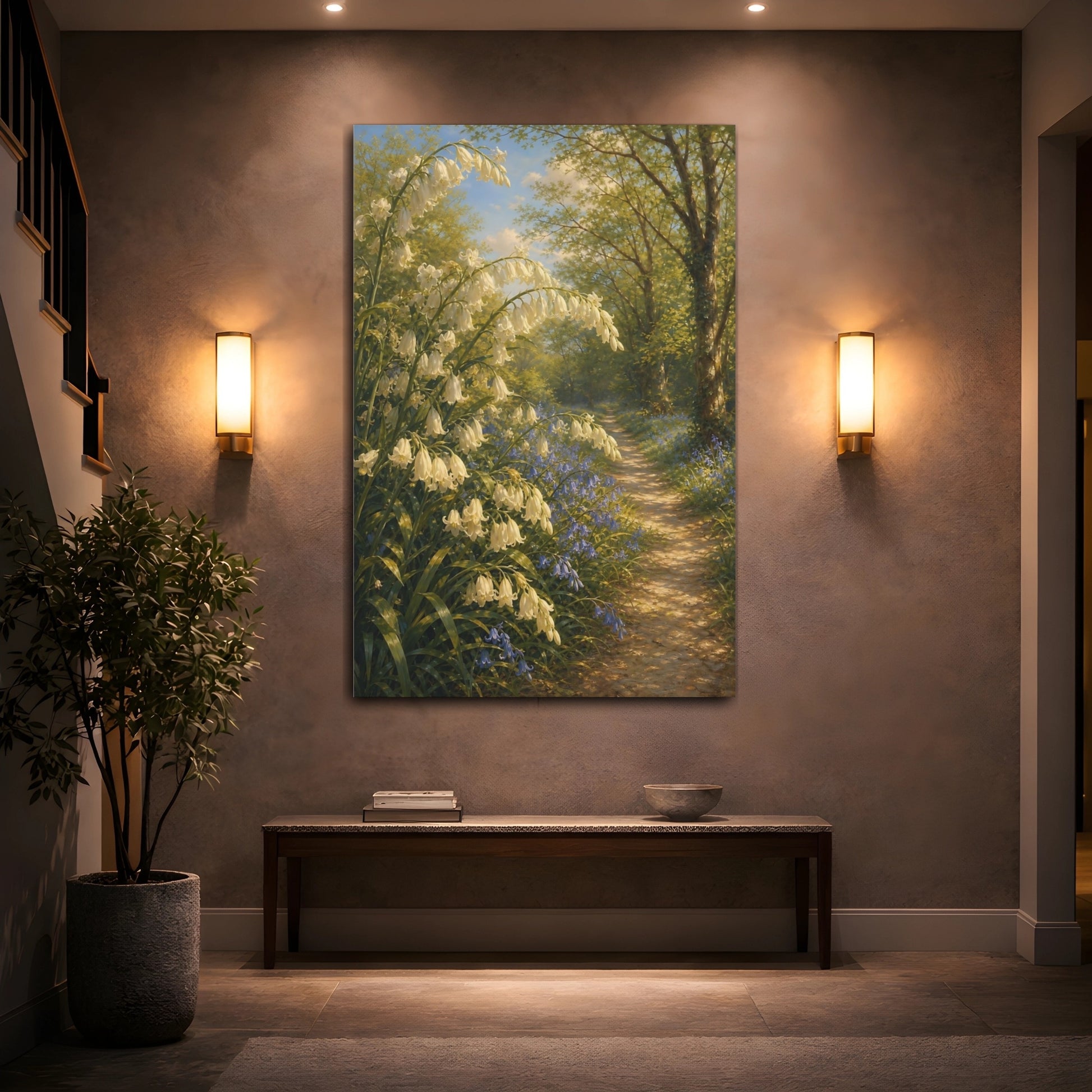 Mockup 2. Nature Bellflowers Green And White Nature shown as stretched canvas wall art