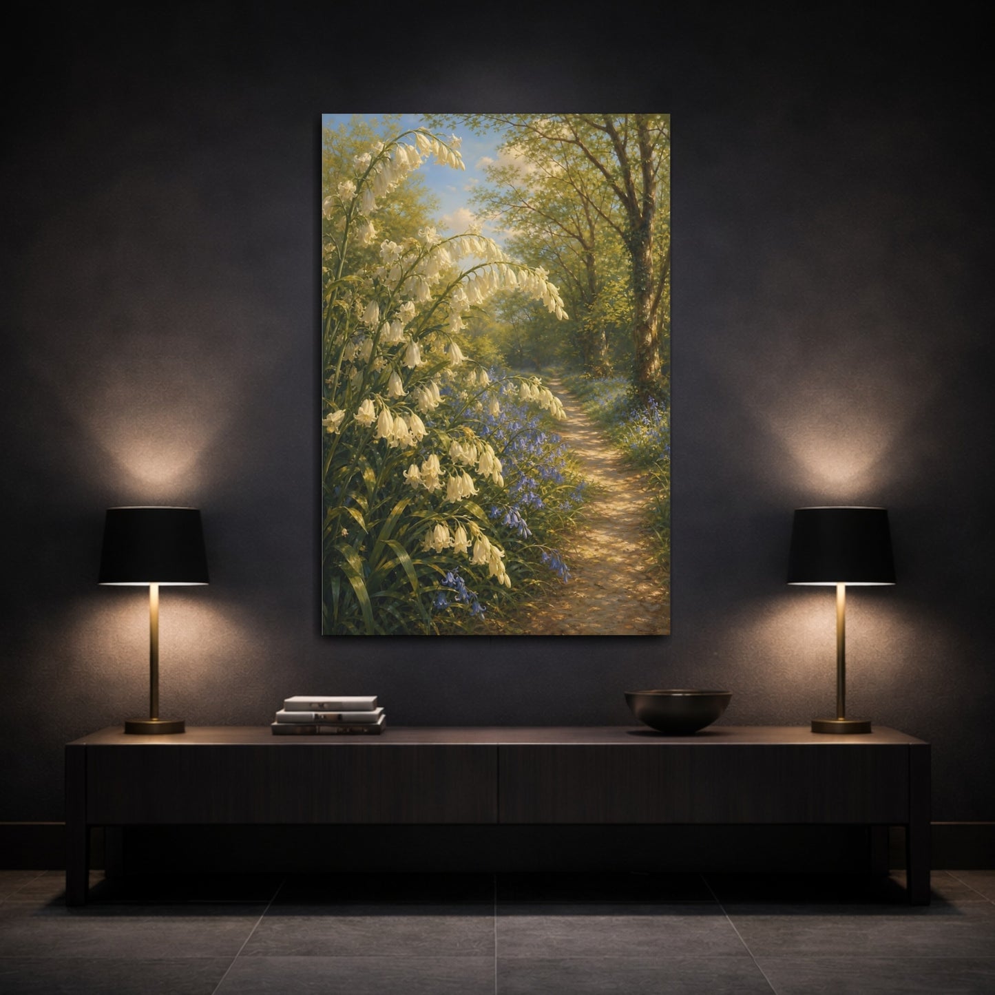 Mockup 3. Nature Bellflowers Green And White Nature shown as stretched canvas wall art