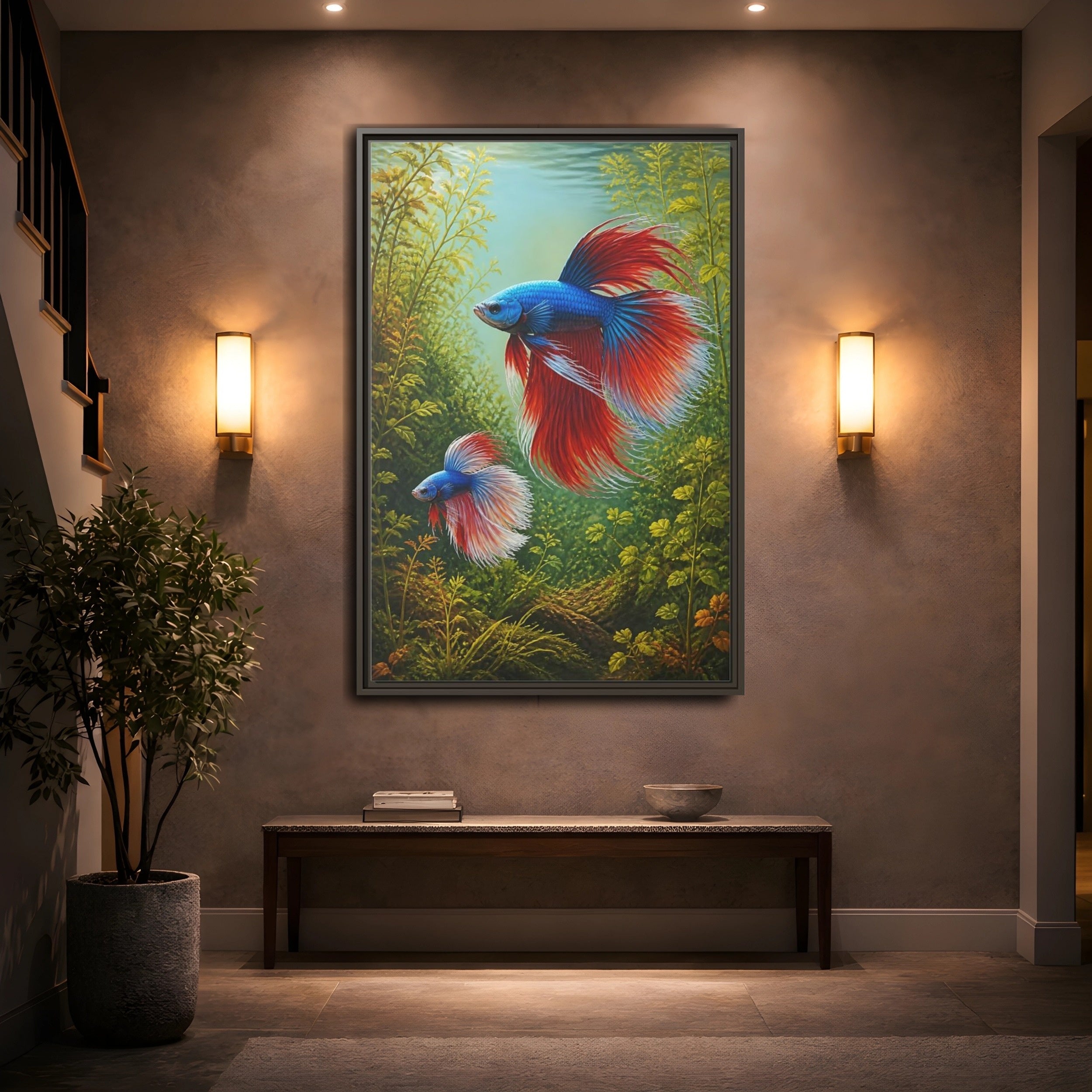 Mockup 2. Nature Betta Fish Vibrant Betta Fish shown as stretched canvas wall art